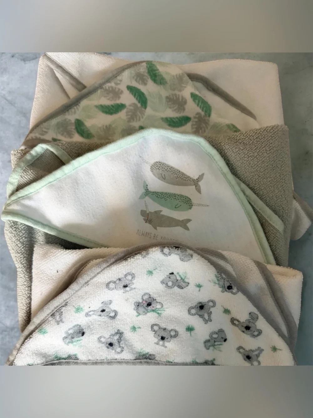 Hooded Baby Towel Wrap - White with Green Trim